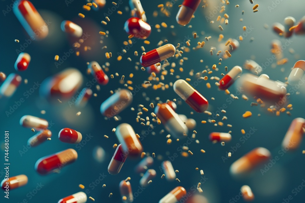 group of antibiotic pill capsules falling. Healthcare and medical concept - obrazy, fototapety, plakaty 