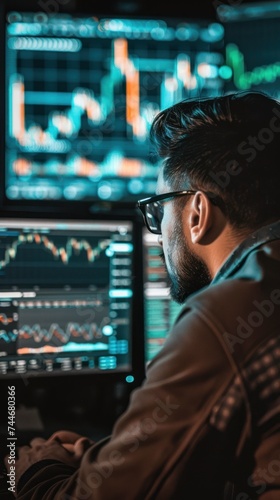 Crypto traders in a high-tech office analyzing live trading charts on a big monitor --ar 1:1 --v 6