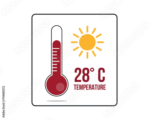 28° C. Thermometer 28 degrees Celsius. Vector for weather and climate forecast with yellow sun