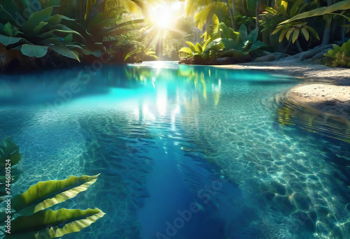 Background of tropical leaves with clear water in the background, concept of relaxation and cleanliness, © Perecciv