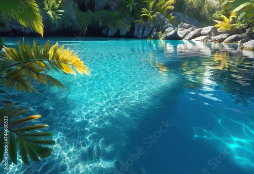 Background of tropical leaves with clear water in the background  concept of relaxation and cleanliness 