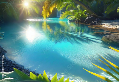 Background of tropical leaves with clear water in the background  concept of relaxation and cleanliness 