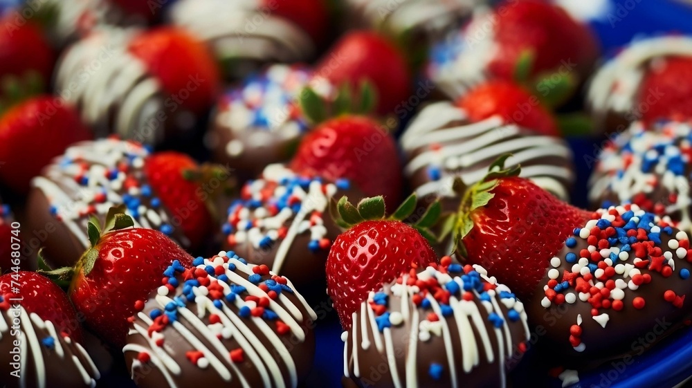 colorful candies in a box, american flag color strawberries and chocolate 
