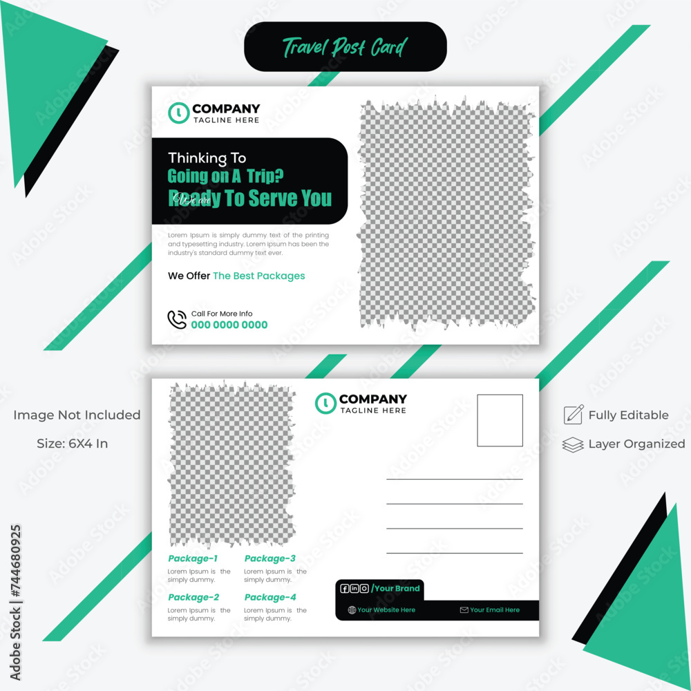 Obraz premium Creative Post Card Design, Professional Travel Post Card Template, Modern Real Estate Layout.