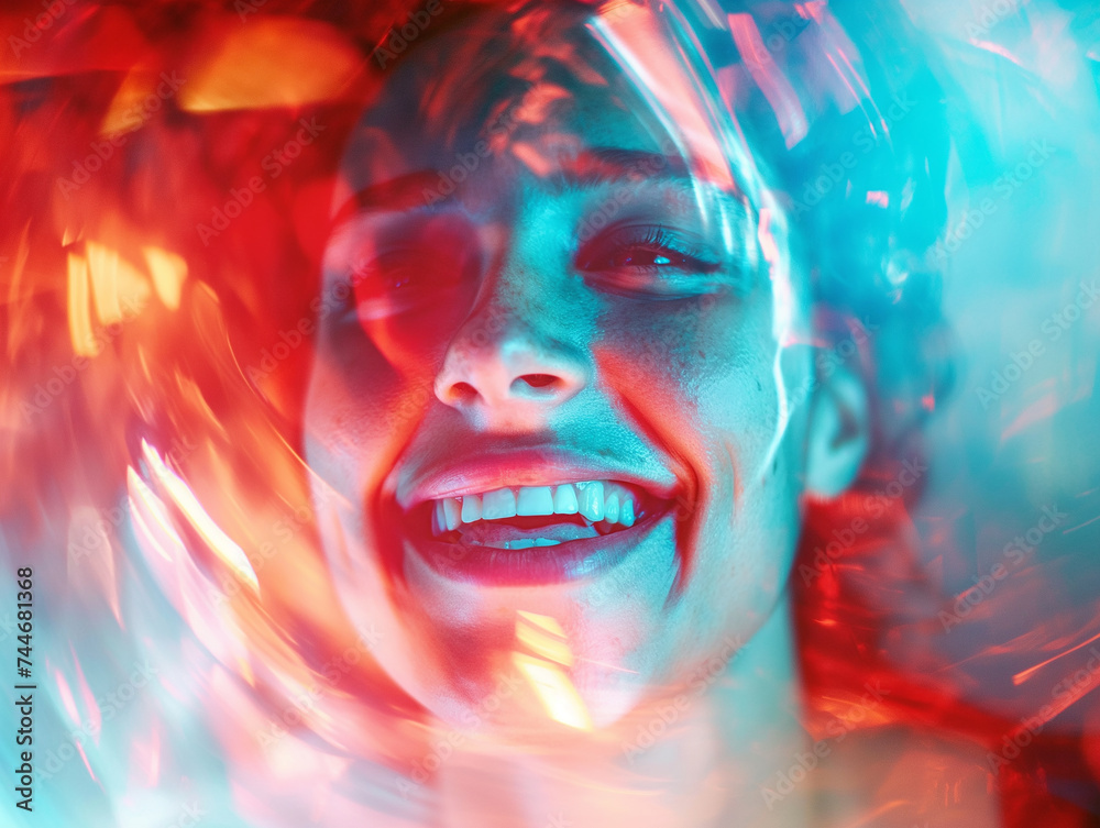 Young woman happy and laughing in a night club, party timestate of mind, chromatic aberration image in blue and red, Young woman happy and laughing in a night club, party timestate of mind, chromatic aberration image in blue and red,