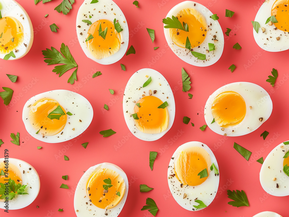 cut boiled eggs on a plain bright pink background, kitchen wallpaper, conceptual backdrop cut boiled eggs on a plain bright pink background, kitchen wallpaper, conceptual backdrop