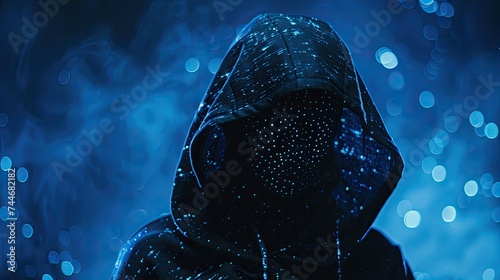 Abstract image of unrecognizable hacker cyber criminal in hood with dark space and matrix face on blue digital background. Security system cyber attack