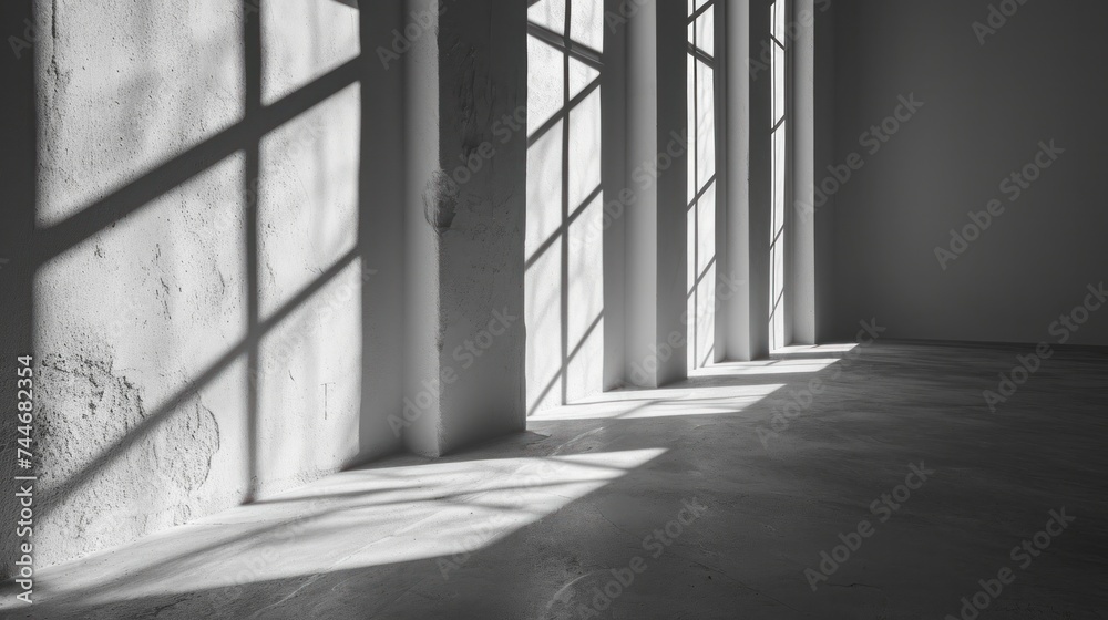 Fototapeta premium abstract. minimalistic background for product presentation. walls in large empty room. can full of sunlight. Loft wall or minimalist wall. Shadow, light from windows to plaster wall.