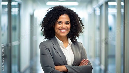 Portrait of happy and successful business woman, boss in shirt smiling and looking at camera inside office with crossed arms, Hispanic woman with curly hair in corridor