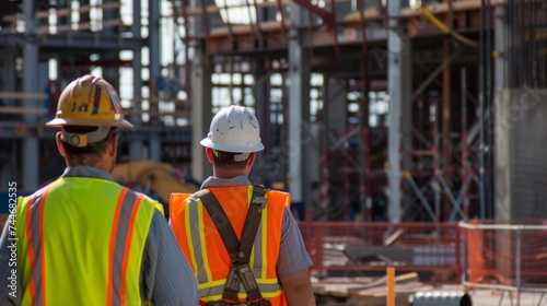 Industrial workers in safety vests and hard hats collaborating on a project, engineer, industrial, safety, construction, factory, building, development, architect, production