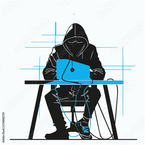 Illustration of a Hacker man sitting on laptop