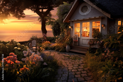 Capture the serenity of this exquisite coastal cabin at sunset.