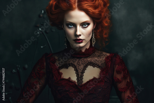 Captivating digital artwork of a woman with flowing red hair in a burgundy gown © DP