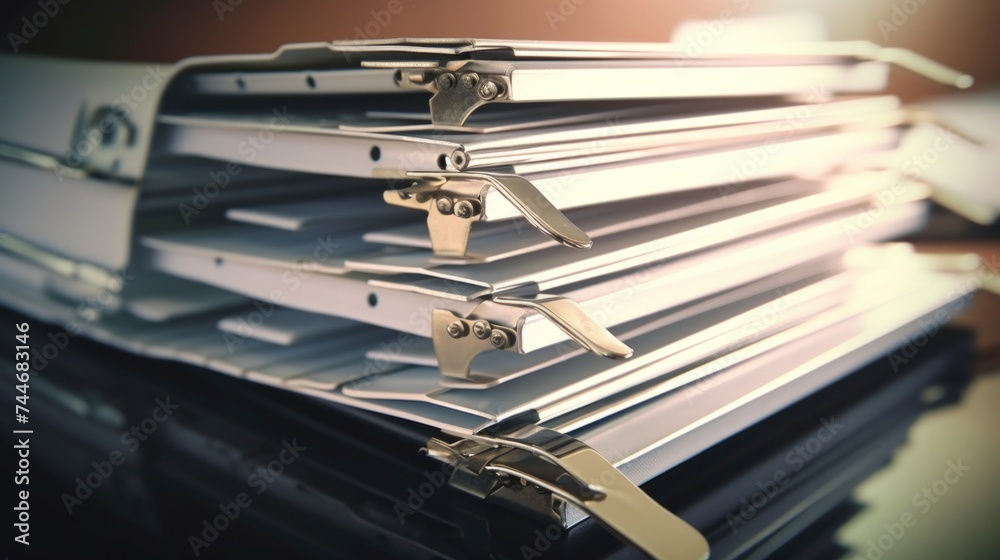 extreamely close up stacking of office working document with paper clip folder extreamely close up stacking of office working document with paper clip folder
