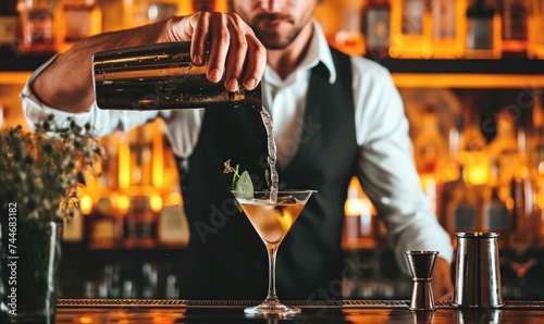 Barman making cocktail at night club. Bartender pouring alcohol from shaker into martini glass. Beverage life style concept, Generative AI photo
