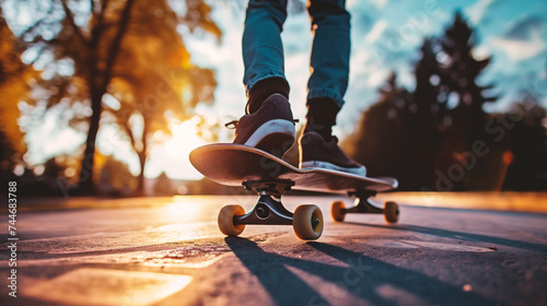 skateboarder skateboarding at skatepark sunset cityscape background