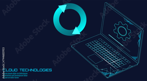 Laptop system update settings. Computer online cloud data storage technology progress upgrade software app development vector illustration