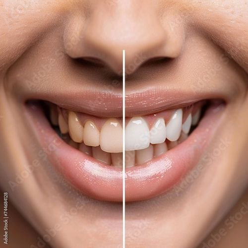 Close up woman's teeth before and after whitening.