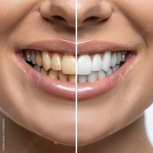 Close up woman's teeth before and after whitening.