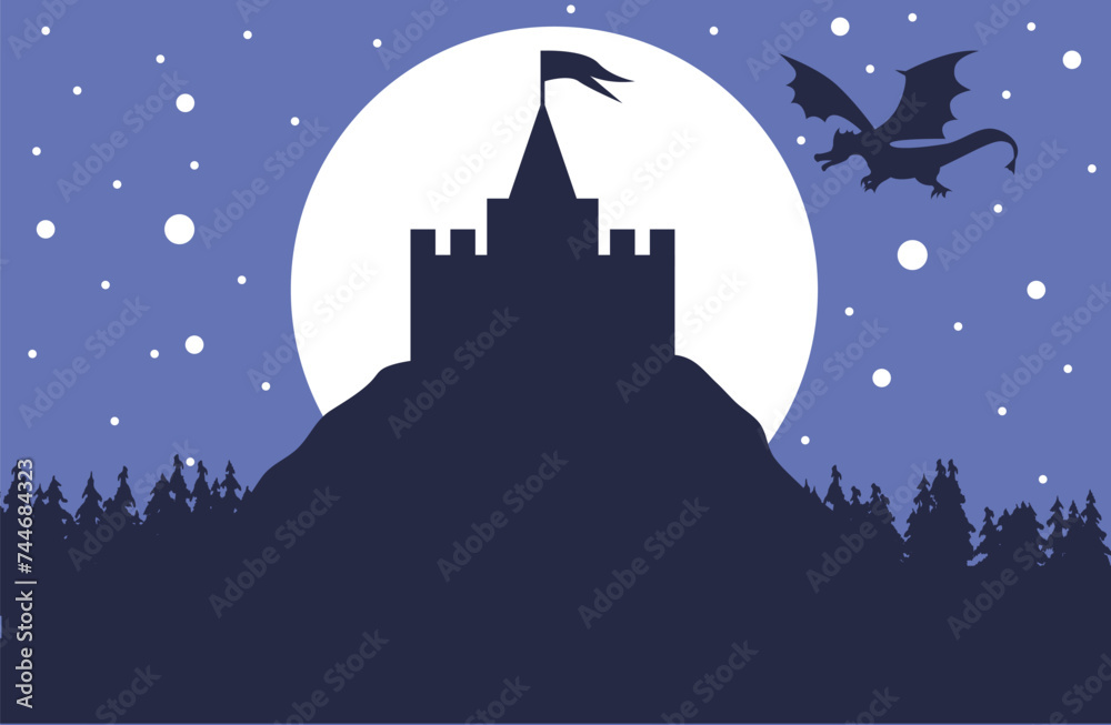 Silhouette of a Castle on the Hill with a Flying Dragon. Fairy tales and magic concept vector art