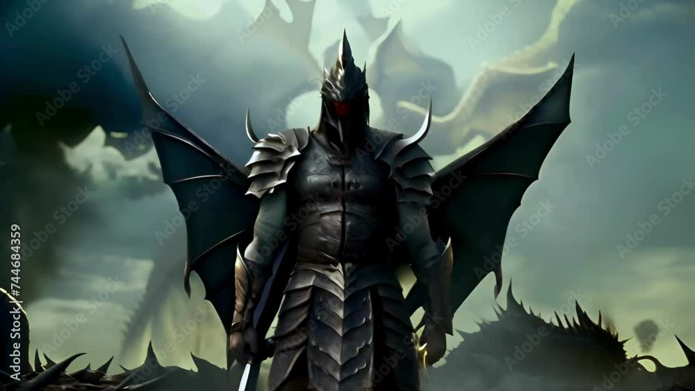 a mythical dragon creature with black scales and glowing red eyes ...