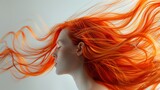 Red hair close-up as a background. Women's long orange hair. Beautifully styled wavy shiny curls. Hair coloring bright shades.
