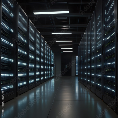 Shot of an empty server room,Shot of two young workers using a laptop in a server room,Server room,Server data room,Server room data center for cloud computing.