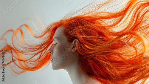 Red hair close-up as a background. Women's long orange hair. Beautifully styled wavy shiny curls. Hair coloring bright shades.