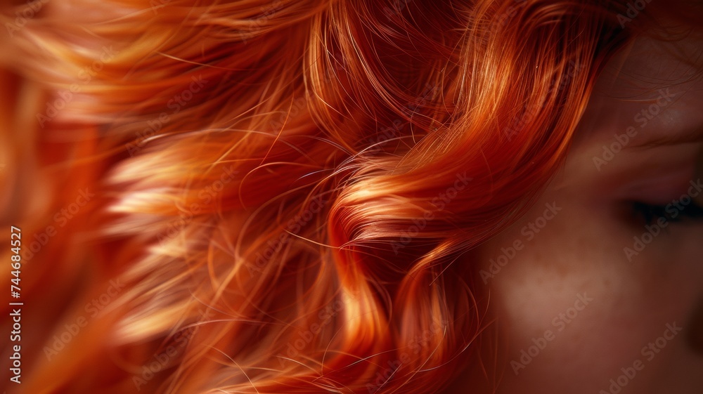Red hair close-up as a background. Women's long orange hair. Beautifully styled wavy shiny curls. Hair coloring bright shades. Red hair close-up as a background. Women's long orange hair. Beautifully styled wavy shiny curls. Hair coloring bright shades.