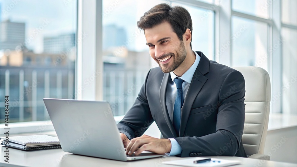 Successful satisfied businessman at workplace, boss in business suit typing on laptop keyboard, financier smiling, preparing sales report, experienced mature investor inside office at workplace. Successful satisfied businessman at workplace, boss in business suit typing on laptop keyboard, financier smiling, preparing sales report, experienced mature investor inside office at workplace.