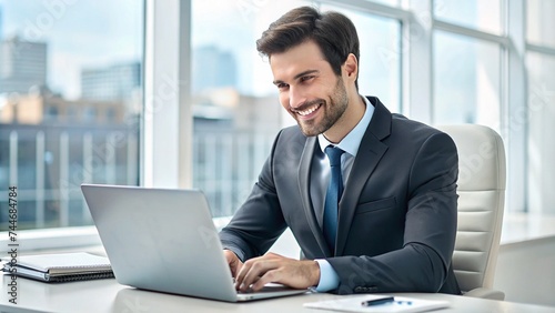 Successful satisfied businessman at workplace, boss in business suit typing on laptop keyboard, financier smiling, preparing sales report, experienced mature investor inside office at workplace.