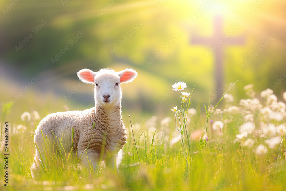Fototapeta premium Cute lamb in a meadow with a cross in the background. Easter concept.