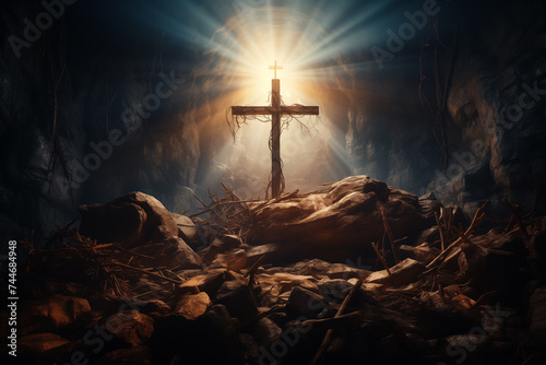 Empty tomb of Jesus with crosses in the background. Easter or Resurrection concept.