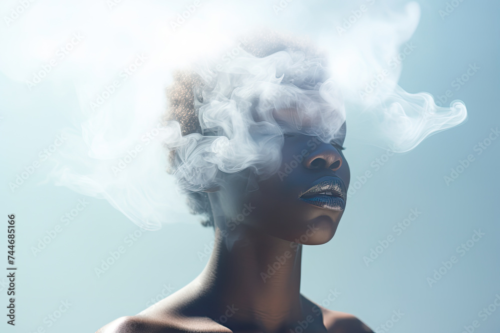 portrait of young black woman covered in white smoke portrait of young black woman covered in white smoke