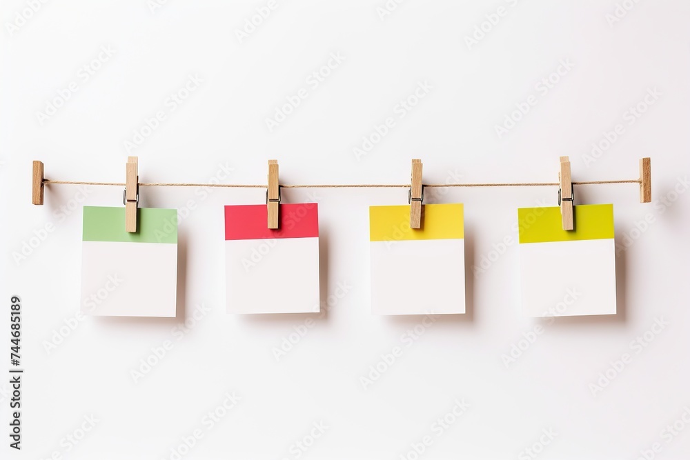 Blank white note cards with colorful tops clipped on a string against a white background, ready for personalization.