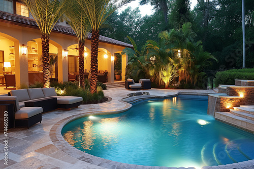 Luxurious backyard with a sparkling pool and comfortable patio furniture photo