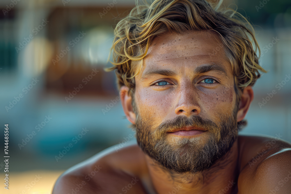 Fototapeta premium portrait of handsome shirtless blond man outdoors