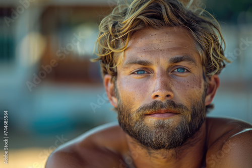 portrait of handsome shirtless blond man outdoors