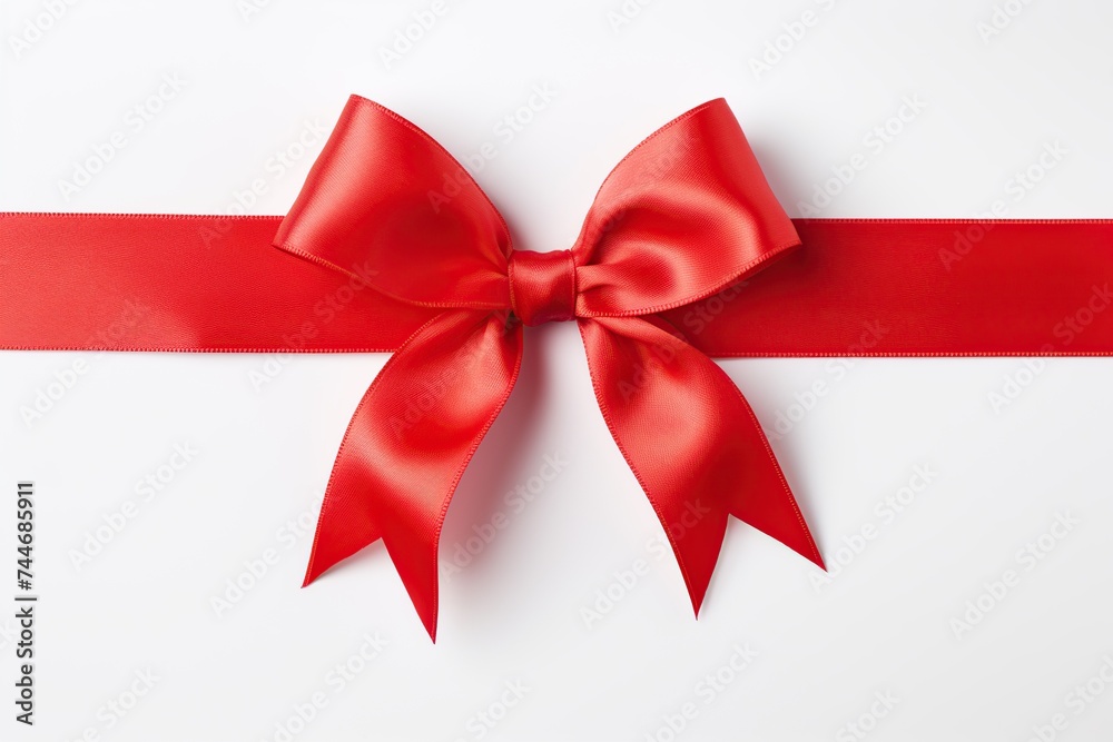 A beautifully tied red satin ribbon bow centered on a clean white background, symbolizing gift-giving and celebration. A beautifully tied red satin ribbon bow centered on a clean white background, symbolizing gift-giving and celebration.