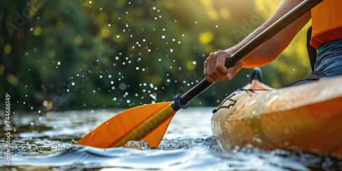Kayak Adventure, Paddle and Splash. Close-up of a man hand gripping a paddle, holding a paddle in his kayak, copy space. photo