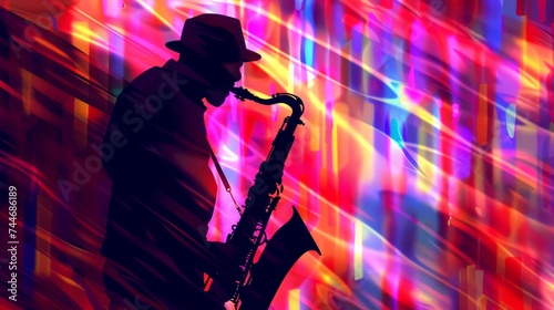 A striking silhouette of a saxophonist enveloped in vivid, dynamic light patterns that capture the energy and rhythm of a musical performance.