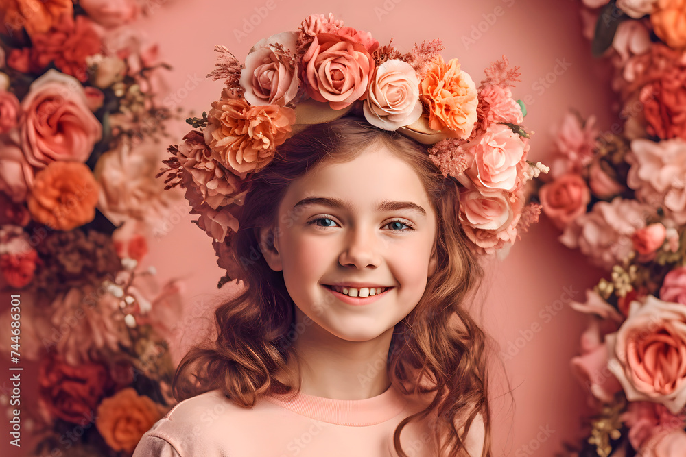 Girl with flowers on her head isolated on pink background in studio generative ai