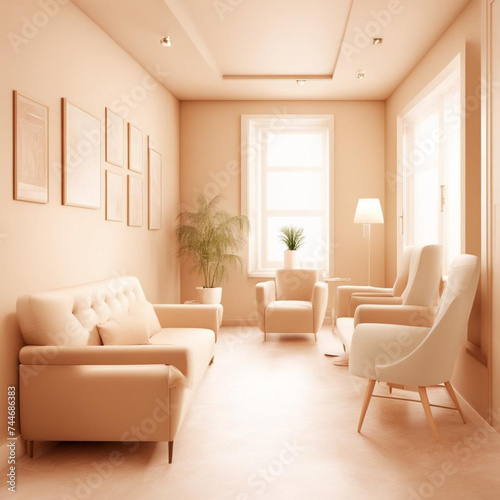 Modern living room with beige sofa and armchairs. 3d render © Natalie Dmay