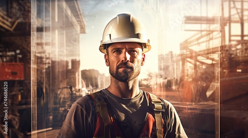 Construction engineer in double exposure construction site. engineer wearing a helmet with the sightly skyscraper