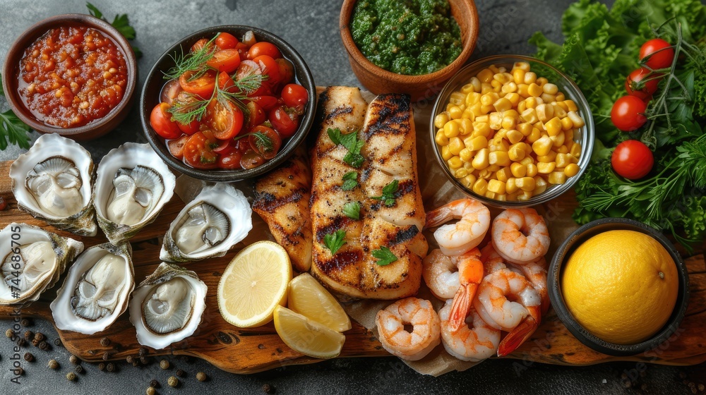 Delight your palate with a gourmet seafood feast, featuring perfectly grilled fish, plump oysters, tangy sea buckthorn, and aromatic fresh herbs, enhanced by the refreshing zest of lemon slices, offer - obrazy, fototapety, plakaty 