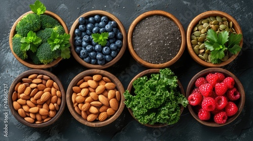 Variety of healthy superfoods including almonds, chia seeds, blueberries, and fresh greens, displayed on a dark slate background.