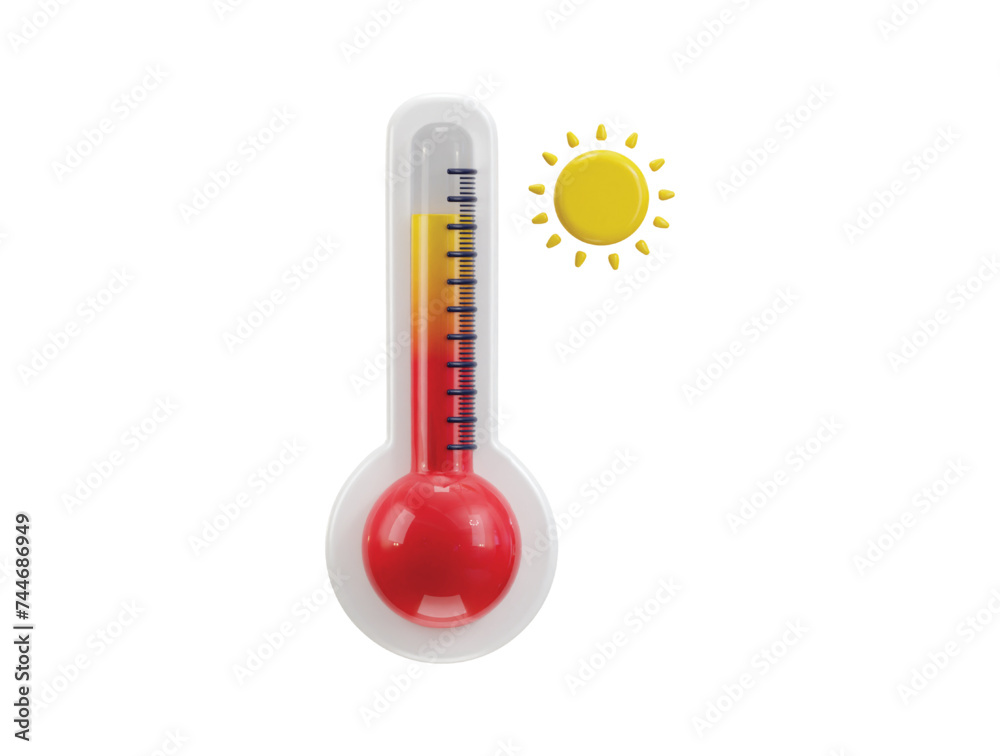 3d thermometer icon with sun concept of hot weather vector icon illustration