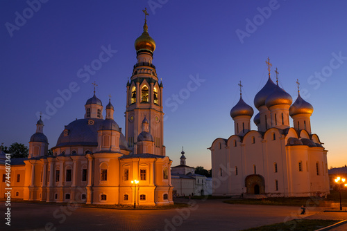 Ancient Resurrection and St. Sophia Cathedrals on August night. Vologda, Russia