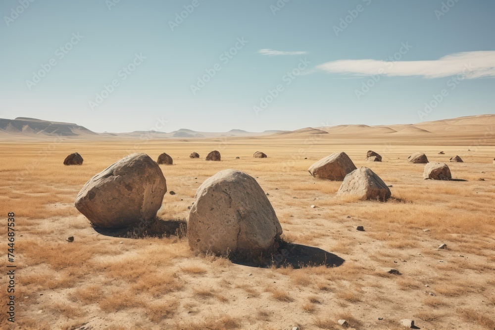minimalists landscape ai photography, empty desert wasteland at golden hour with group of rocks