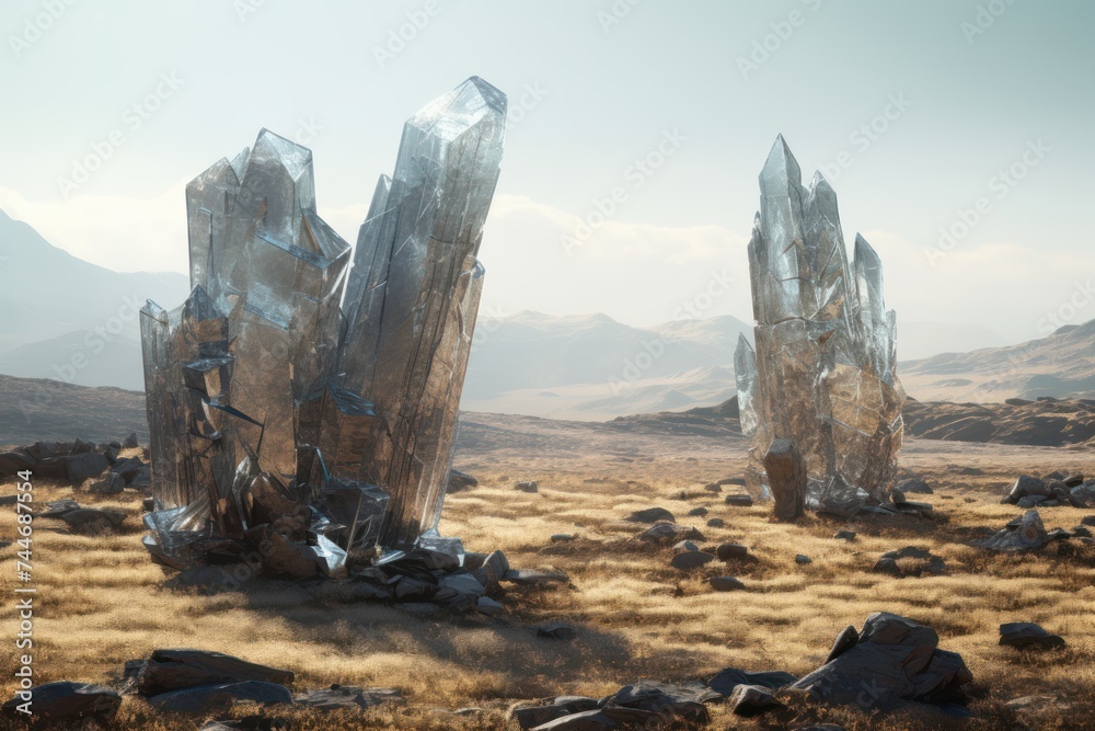 cinematic shot of a parallel world location, a Large cluster of huge natural sone crystalls shine in the middle of a wasteland